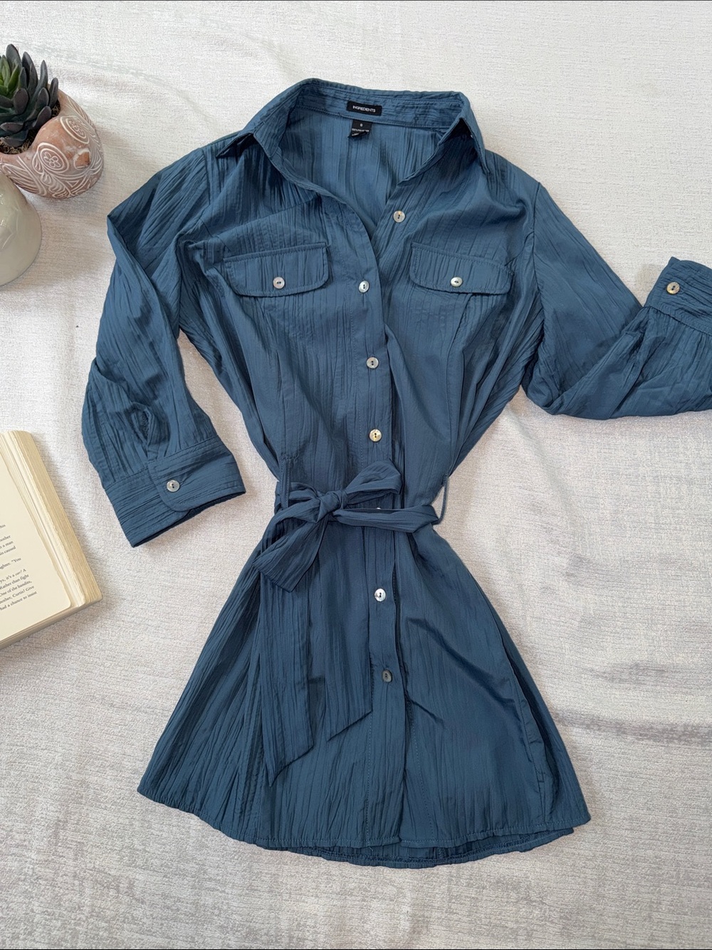 Ingredients Slate Blue Button-Up Shirt Dress with Tie